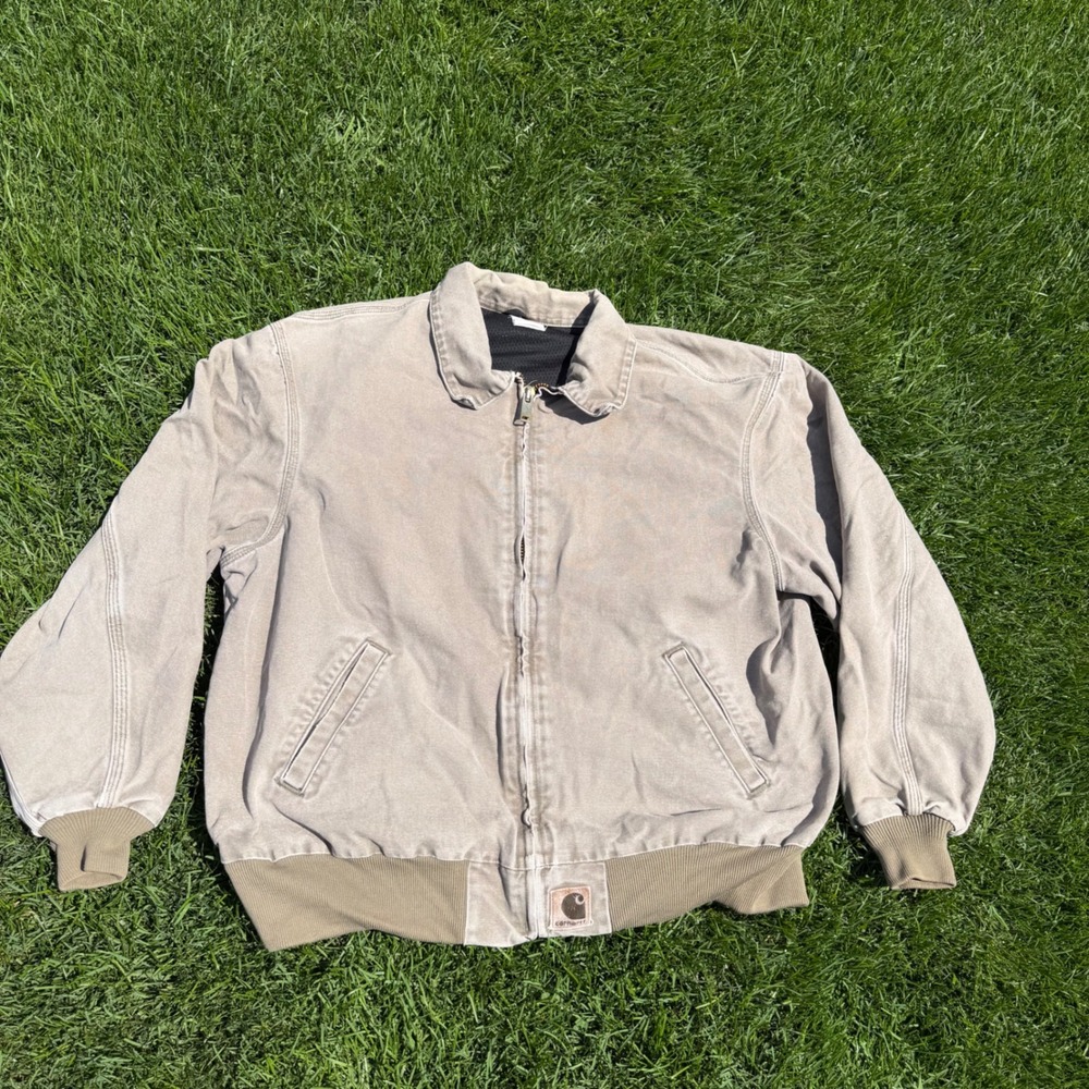 Carhartt Mens Faded Tan Canvas Mesh Lined Bomber Jacket Khaki Workwear Size XL - Picture 1 of 8
